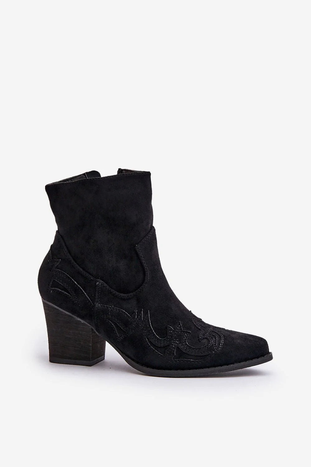 bottes talon bloc daim noir western broderies tonales cheville pointu effilée semelle fine confort stabilité fermeture éclair latérale bois foncé