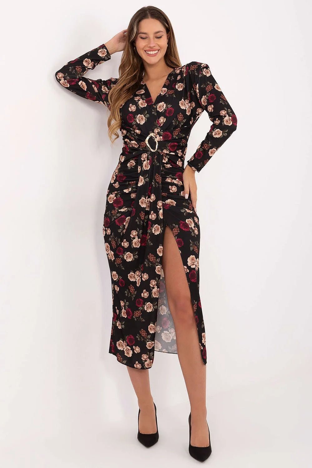 robe crayon midi portefeuille manches longues col V imprimé floral vintage roses crème bordeaux fond noir silhouette cintrée