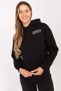 sweatshirt capuche femme noir molletonné décontracté coupe ample manches longues impression discrète poitrine bords côtes mélange coton polyester