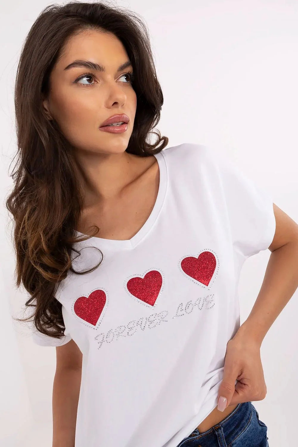 T-shirt femme blanc coton col V manches courtes cœurs glitter FOREVER LOVE