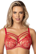 soutien gorge balconnet armatures dentelle rouge transparente brodée motifs floraux bretelles réglables brides décoratives anneaux dorés maintien galbe sensuel élégant