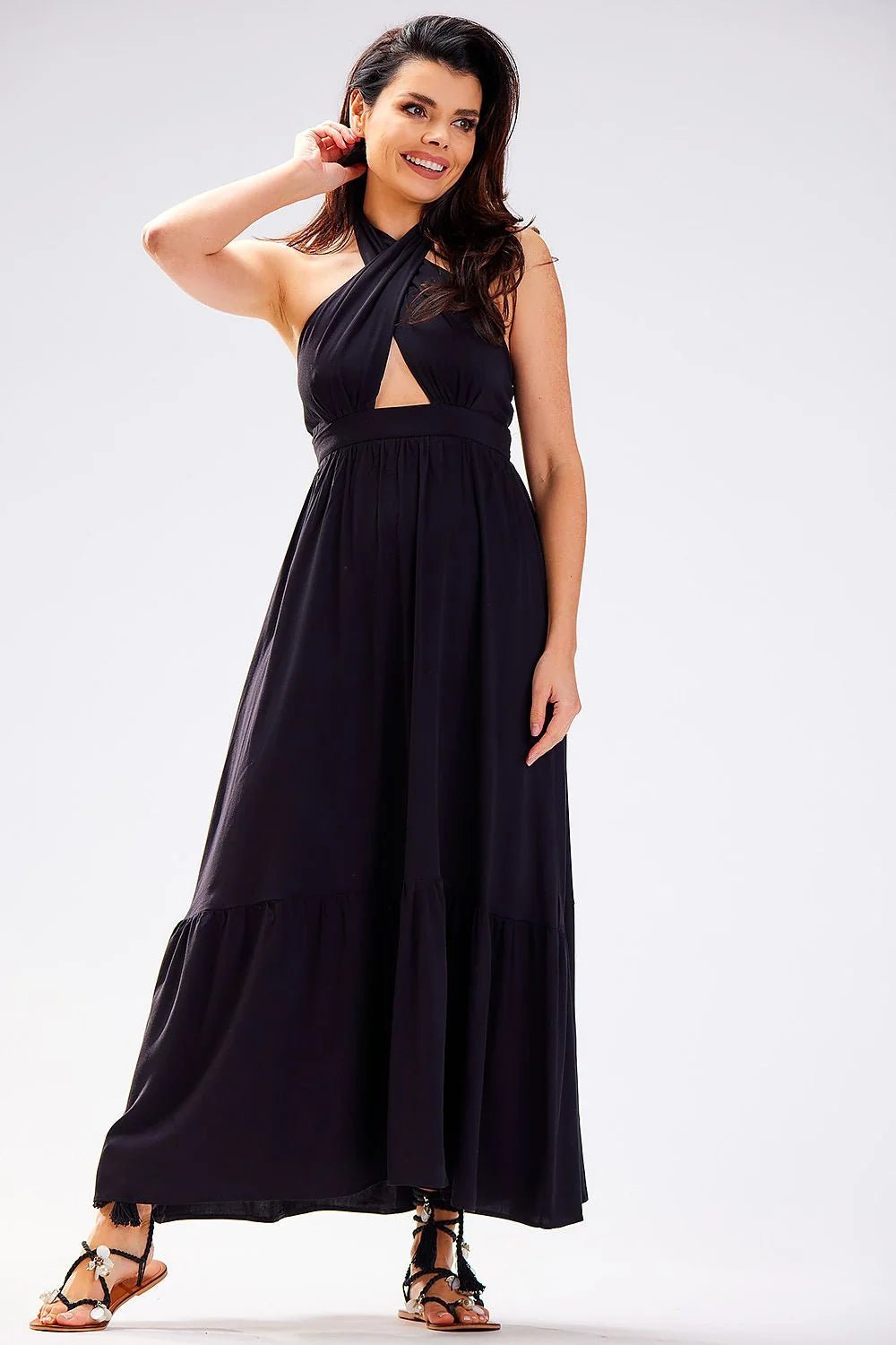 Robe de jour en viscose longue dos croisé décolleté en V taille élastique robe élégante et décontractée pour femmes
