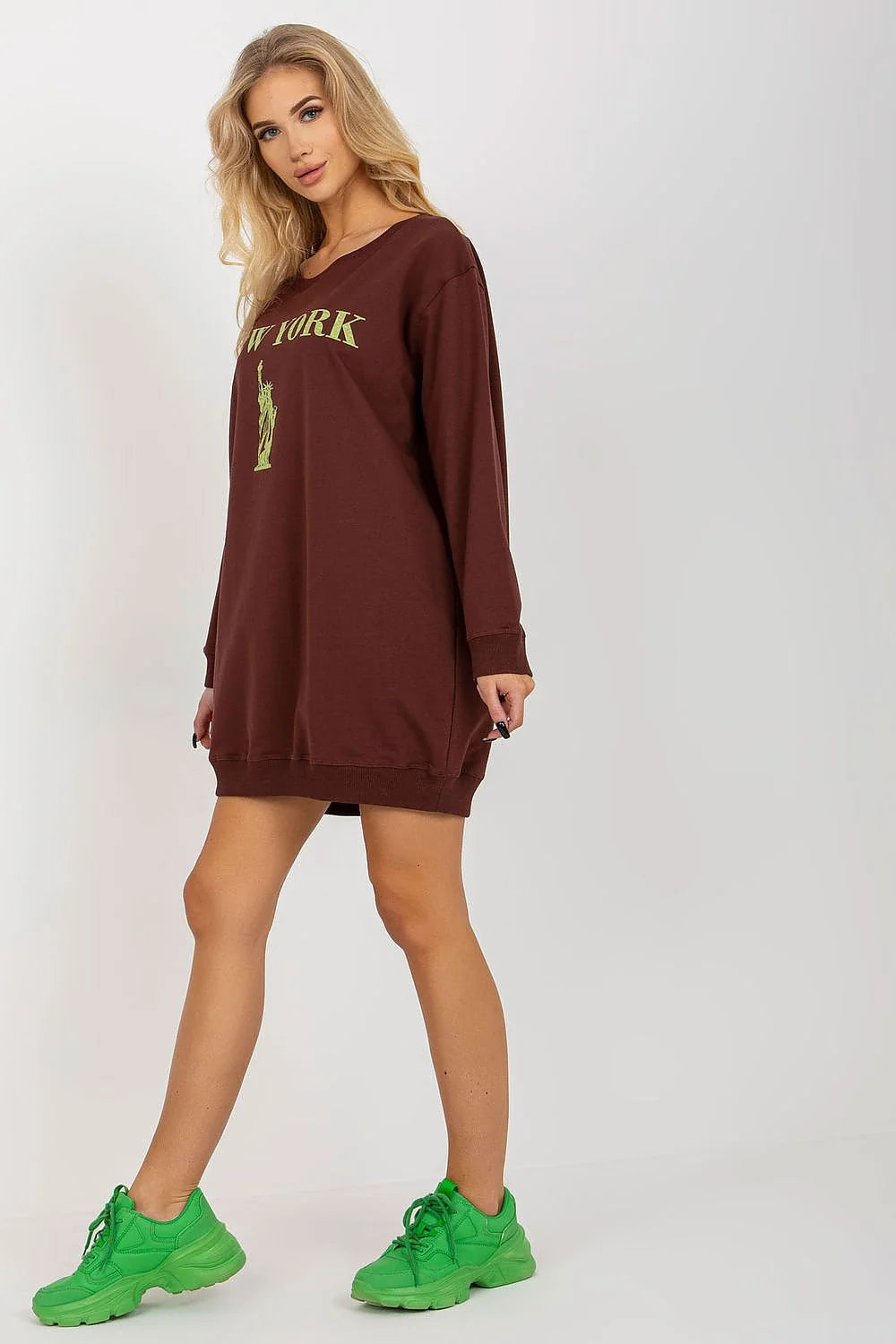 Sweatshirt Oversize Femme Casual Design New York Coton Polyester Élasthanne Droit Ample Longues Manches Genou Longueur