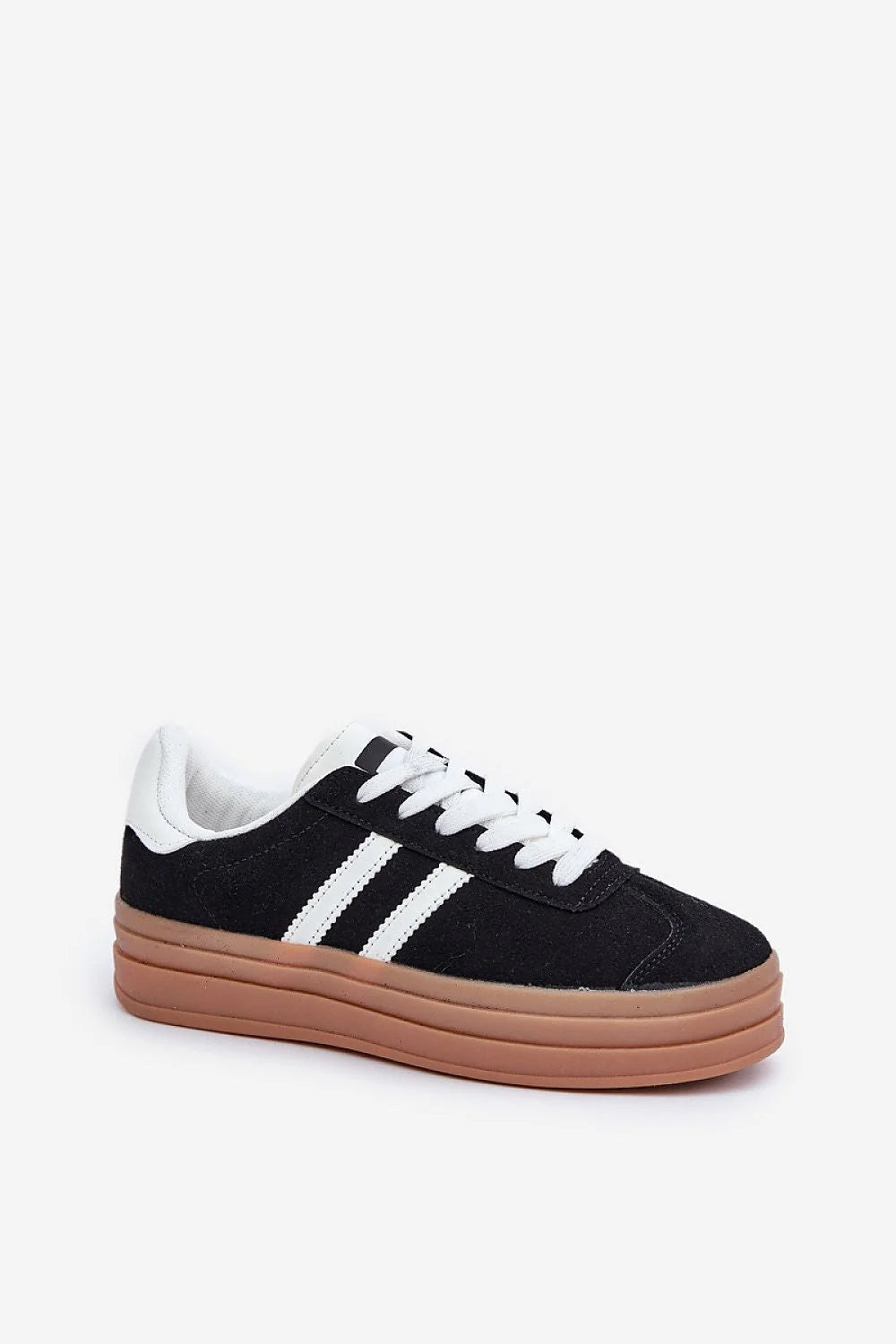 Chaussures de sport pour femme, style moderne, tendance, confort maximal, éco-friendly, semelle piano, 7.5 cm, plateforme 3 cm, noir et blanc, 3 bandes latérales