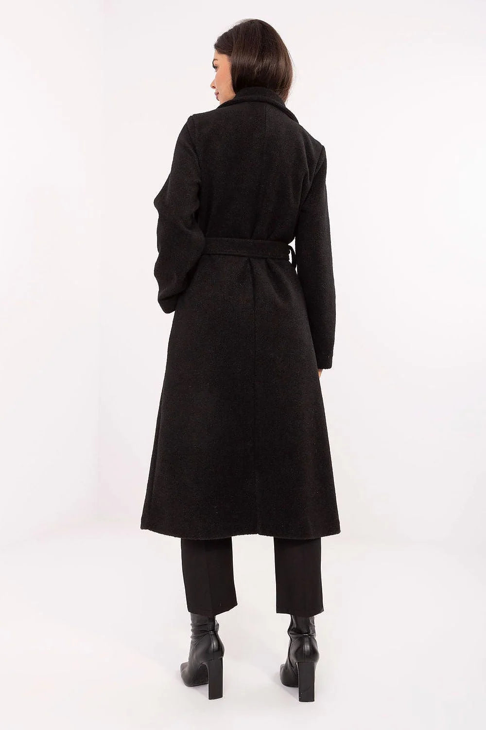 manteau long femme noir ceinturé tailleur col revers double boutonnage ceinture nouer bouclé laineux texturé chaud mi mollet élégant cintré