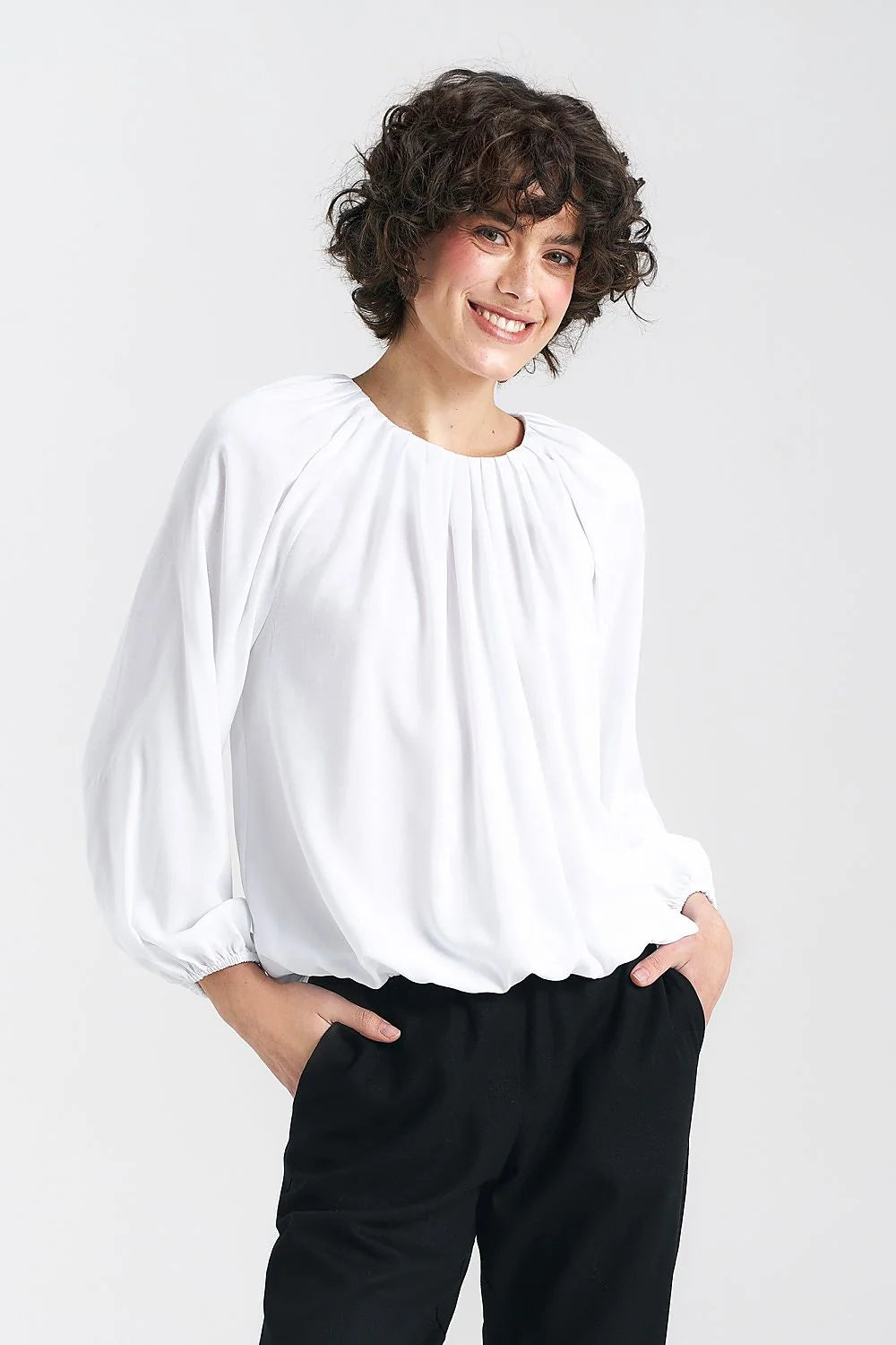 Chemisier classique élégant pour femme manches longues col rond plissé tissu léger polyvalent occasion travail détente