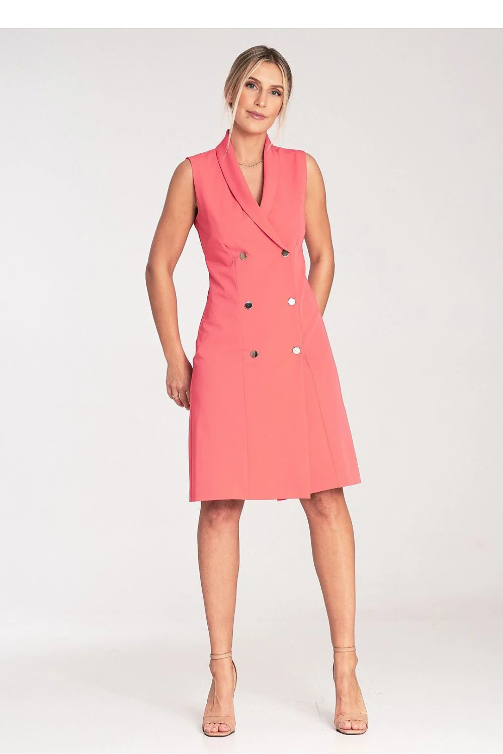 Robe de jour élégante sans manches corail col châle double boutonnage Polyester Viscose femme mode