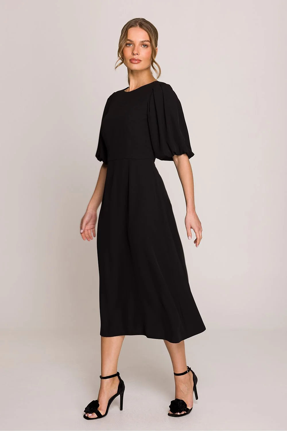 Robe de jour élégante midi manches bouffantes dos V encolure ronde noire polyester elasthanne femme