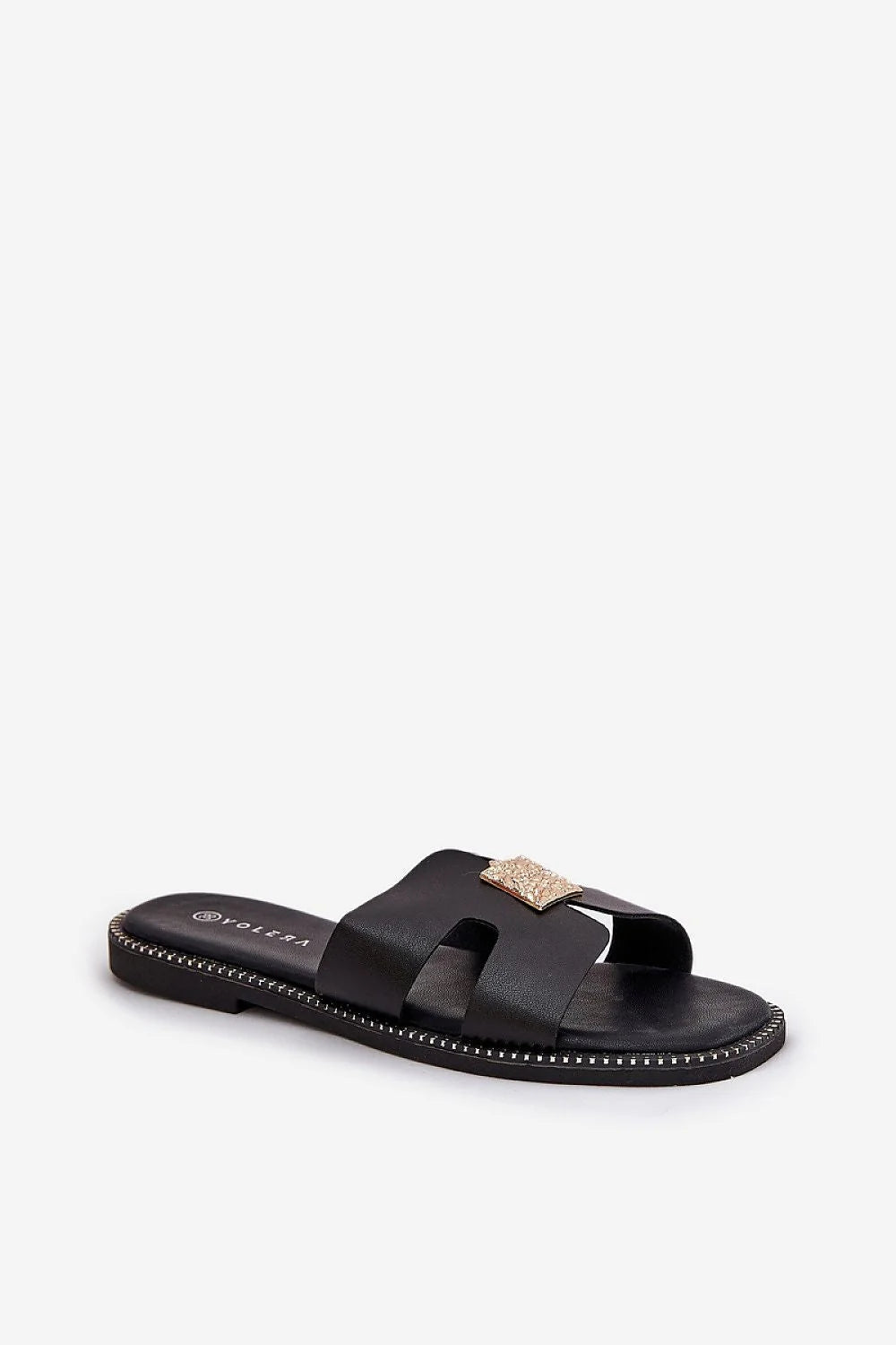 Sandales plates ouvertes en similicuir noir avec détails argentés, large comfort, Taille 36-40, Femme élégance été 2023