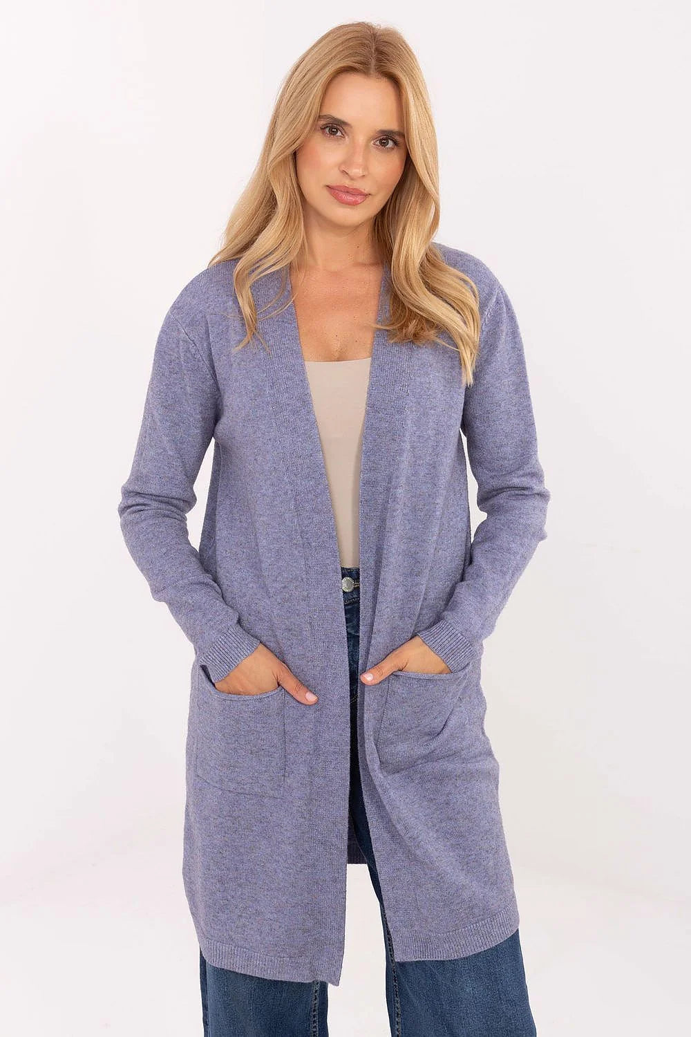 cardigan long ouvert femme lavande pervenche maille douce chinée mi cuisse manches longues poches plaquées bords côtelés coupe droite ajustée
