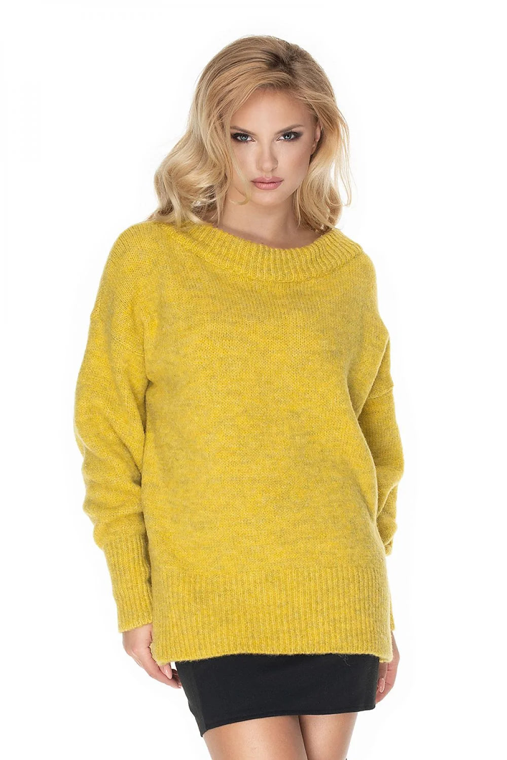 Pull-over ample femme laine acrylique polyester col rond jaune moutarde confort hiver chaud élégant
