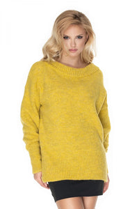 Pull-over ample femme laine acrylique polyester col rond jaune moutarde confort hiver chaud élégant