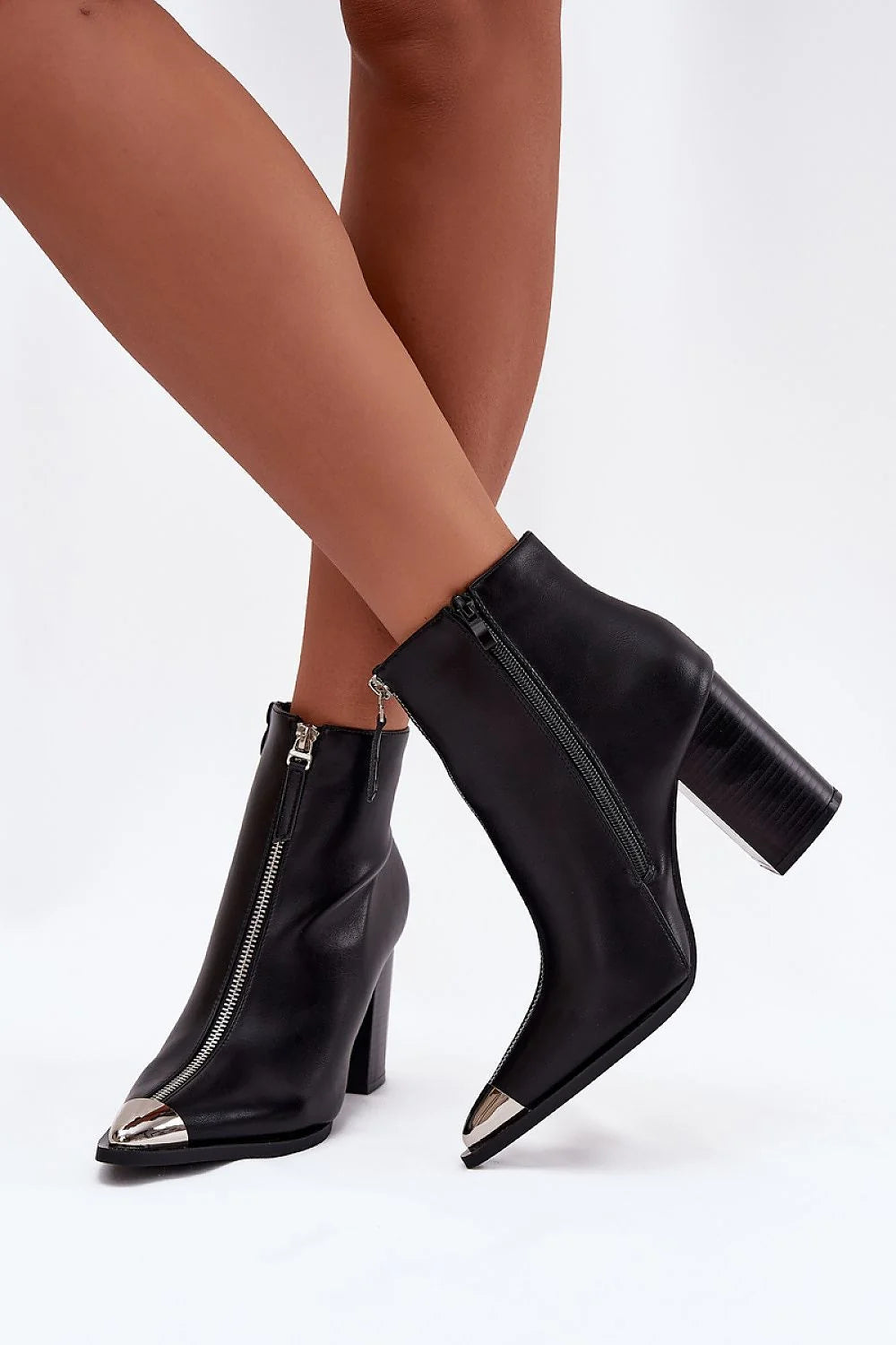 bottines femme cuir synthétique noir tige cheville talon bloc 9cm maintien élégant fermeture éclair frontale apparente embout métallique argenté pointu