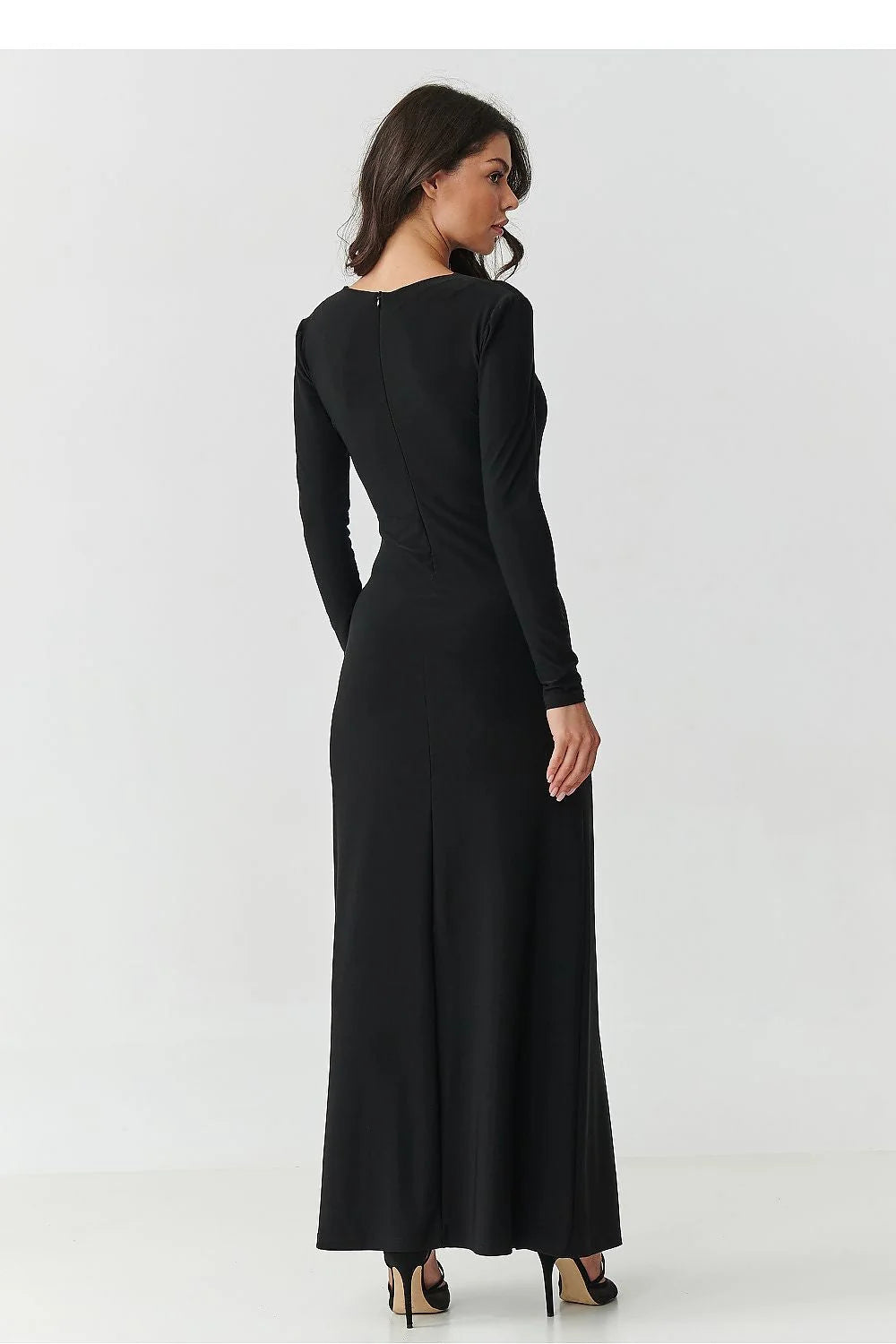 robe longue noire maxi moulante manches longues jersey extensible drapé fronces taille décolleté subtil asymétrique fente cuisse