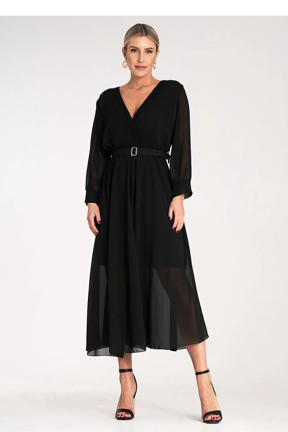 Robe de cocktail élégante longue manches longues en V croisé noire taille ajustable femme soirée