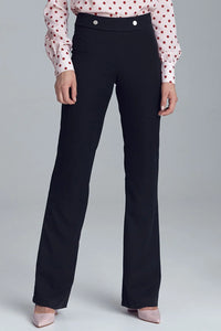pantalon femme noir taille haute bootcut légèrement évasé tailleur chic professionnel ceinture plate boutons métalliques décoratifs stretch structuré ajusté hanches