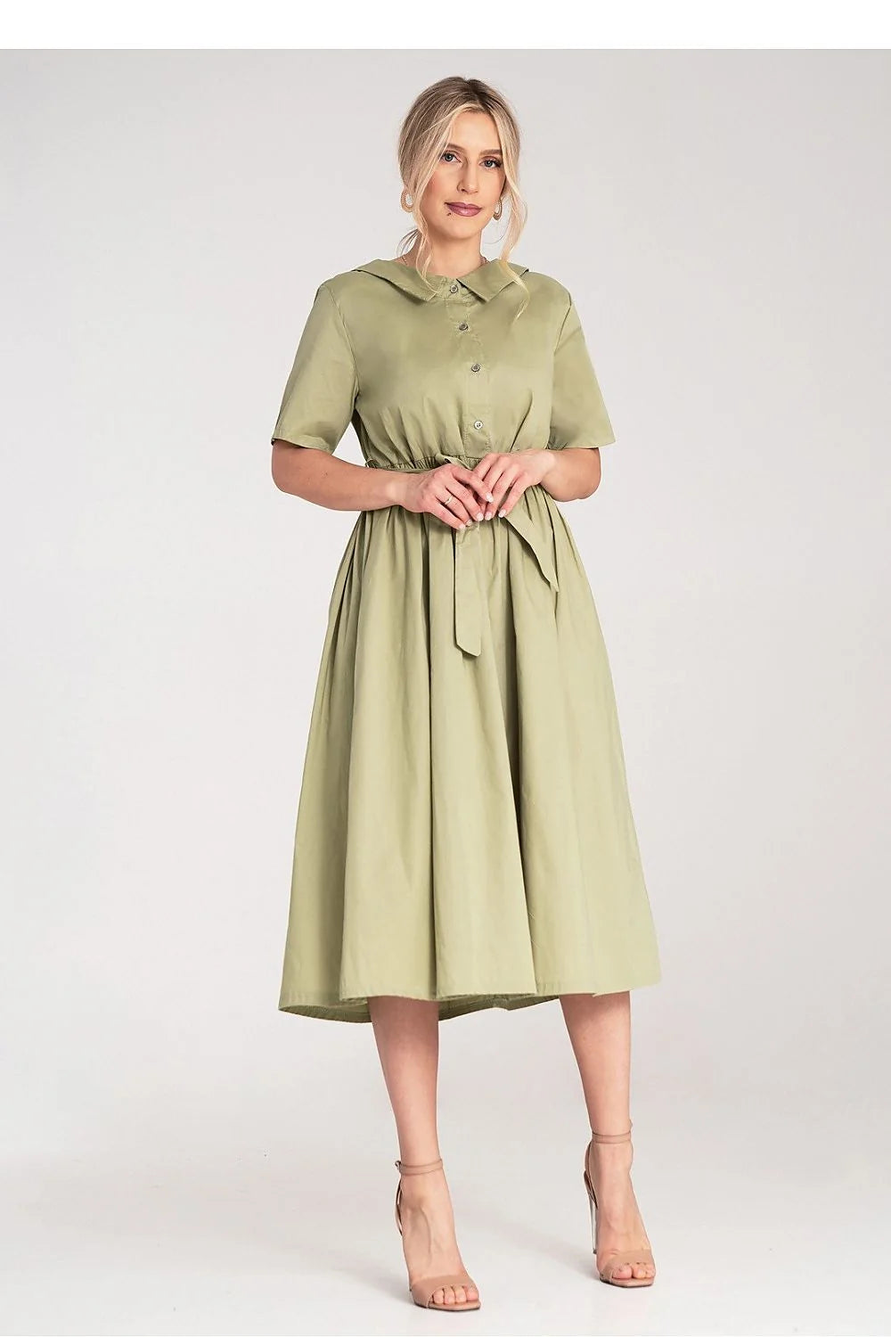 Robe midi coton 100% ceinture amovible manches courtes élégance décontractée vert olive taille ajustable femme