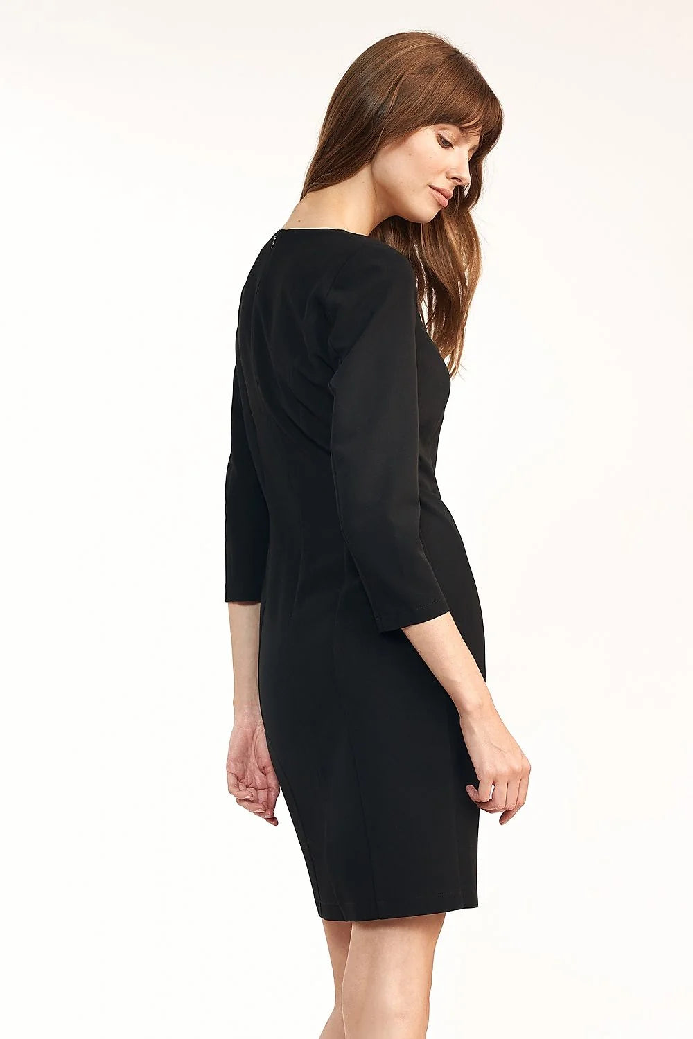 Robe en polyester bleu pétrole élégante ajustée en V manches trois-quarts pour femmes modernes