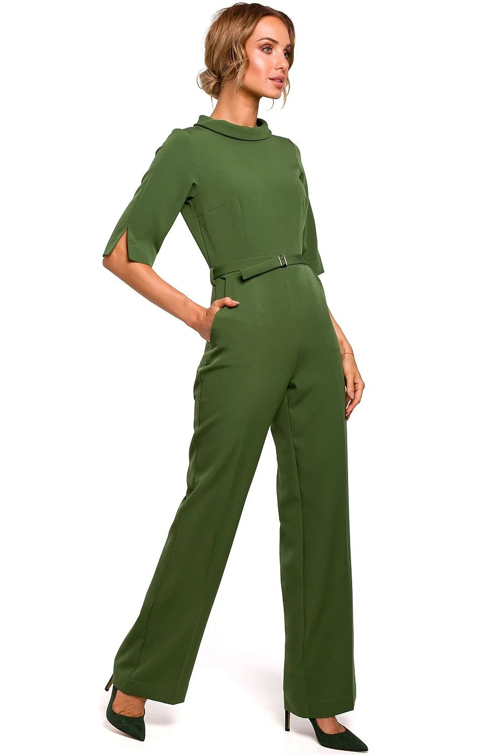 combinaison noire élégante moderne coupe droite jambes larges taille marquée ceinture manches trois quarts poches latérales polyester stretch