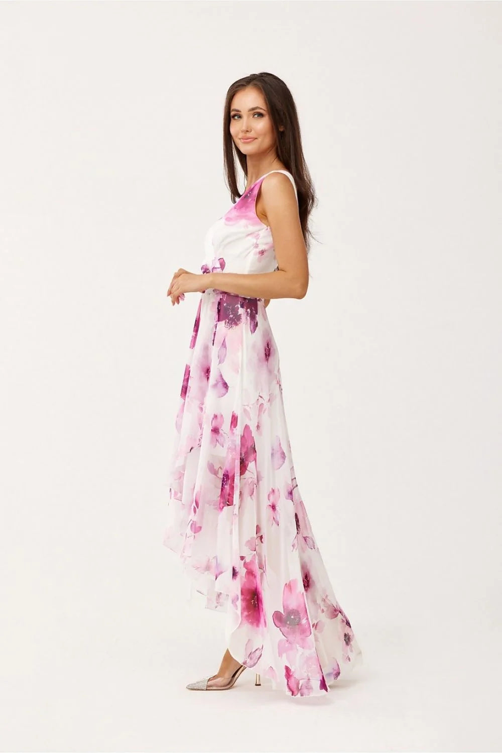 Robe de cocktail Roco Fashion en mousseline de soie imprimée floral asymétrique longue taille ajustable sans manches pour femme