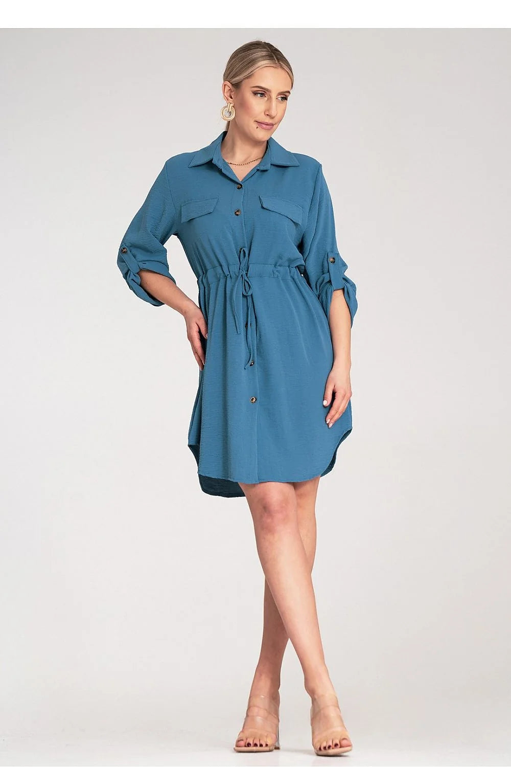 Robe de jour élégante chemise style décontracté manches ajustables ceinture taille ajustable robe polyester elasthanne S/M femme