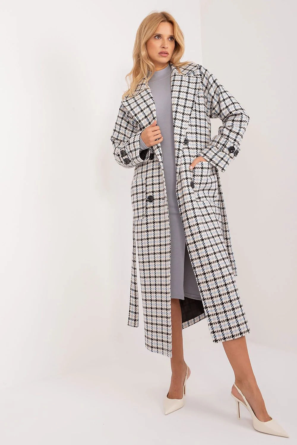 Manteau long pour femmes en laine mélange classique motif pied-de-poule col à revers double boutonnage poches plaquées automne-hiver