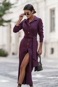 robe chemise longue femme bordeaux prune profond coupe ajustée col chemise manches longues suédine douce ceinture nouée fente frontale élégante