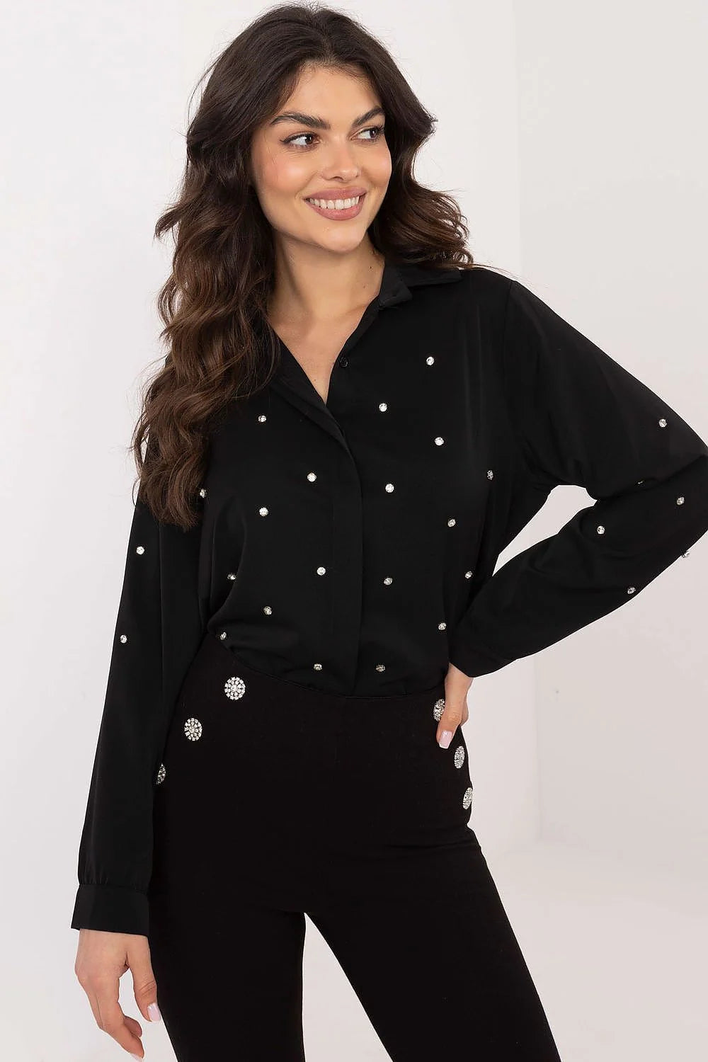 Chemise femme manches longues style classique zircons décoratifs polyester viscose noire occasion spéciale travail réunion formelle