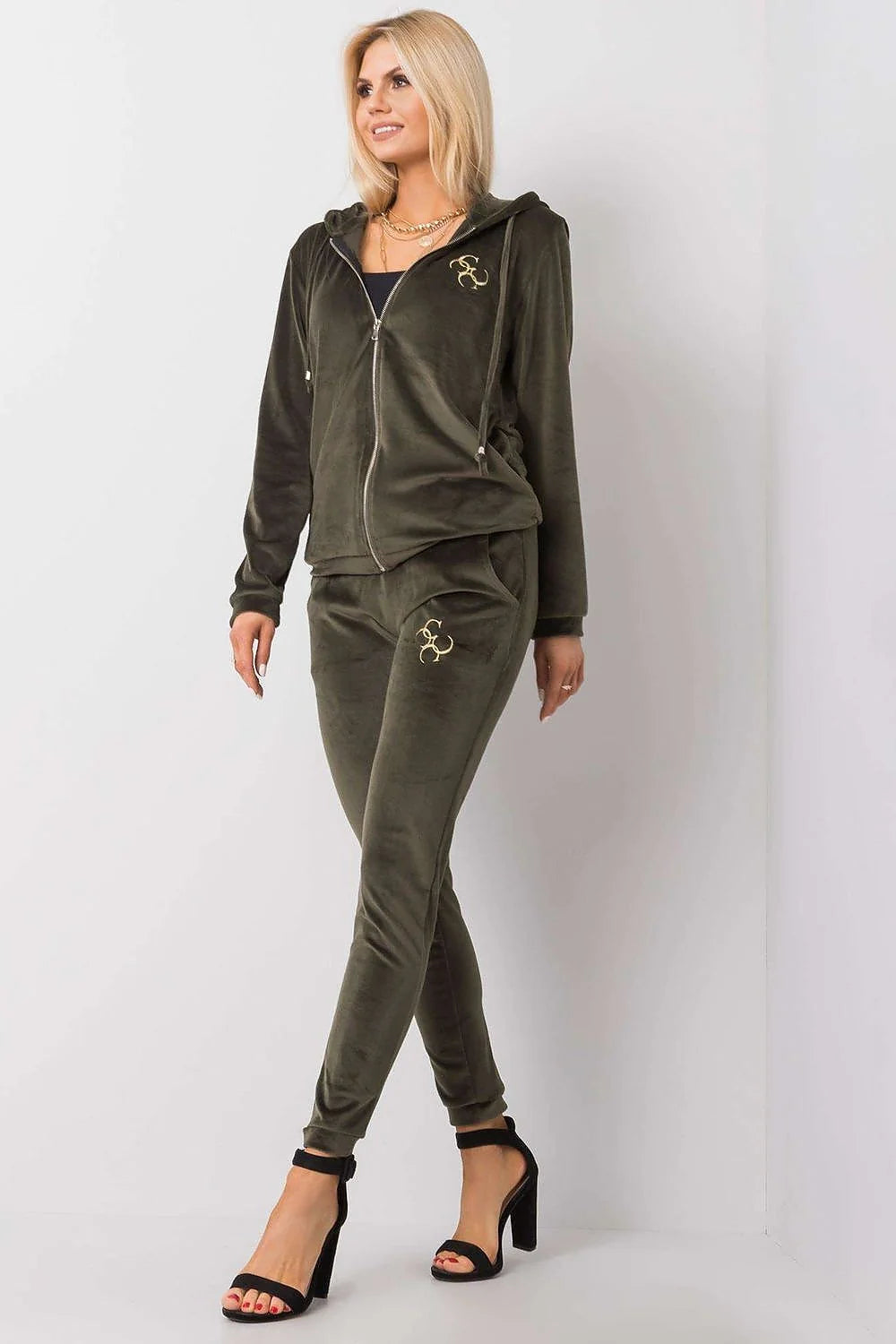 Ensemble Relevance pour femmes, sweat à capuche zippé, pantalon slim, velours vert olive, taille S/M, sport-chic