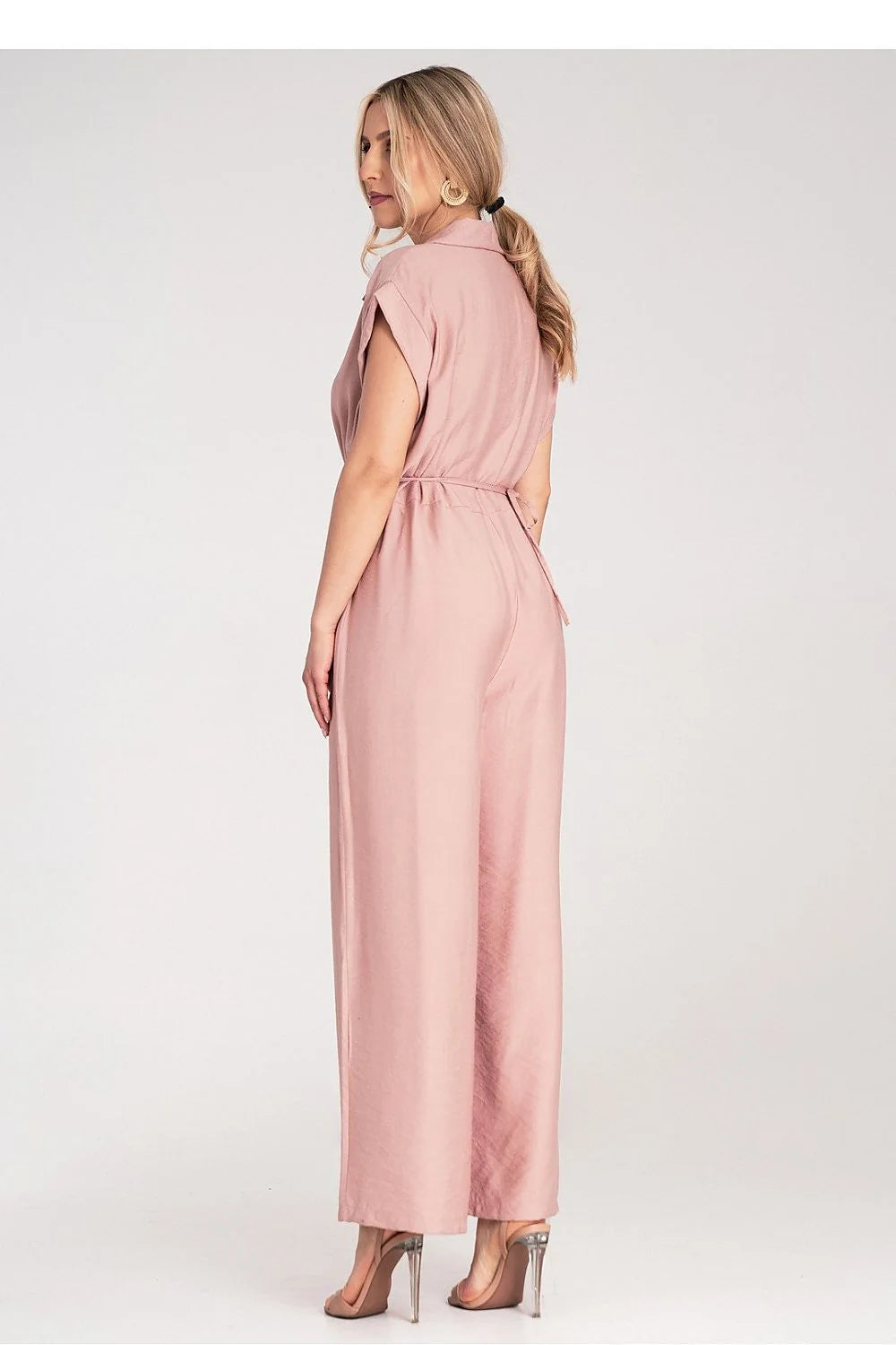 Combinaison Figl féminine chic élégante en viscose 100% coupe ample manches courtes col revers ceinture fleurée taille ajustable longueur 140cm