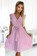 Robe de cocktail Numoco rose pâle en mousseline manches courtes volants encolure V croisée taille ajustable