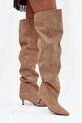 cuissardes femme suède écologique camel tige ample effet plissé bout pointu talon bas velours doux confortable ajustable polyvalente chic bohème