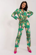 tailleur femme blazer croisé pantalon droit imprimé baroque vert émeraude fuchsia boutons dorés manches longues taille haute fluide élégant