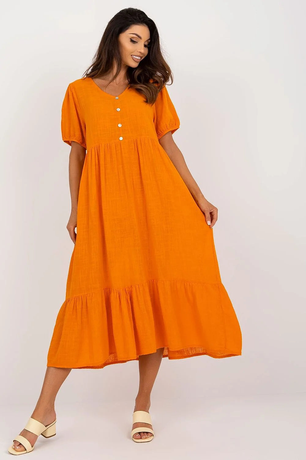 Robe de jour Och Bella couleur orange vif coton 100% style bohème-chic manches courtes en V femme été