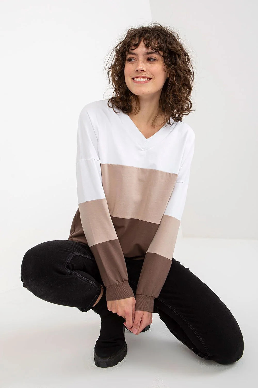 Sweatshirt femme Rue Paris manches longues en V blocs de couleur coton élasthanne confortable taille S M L XL