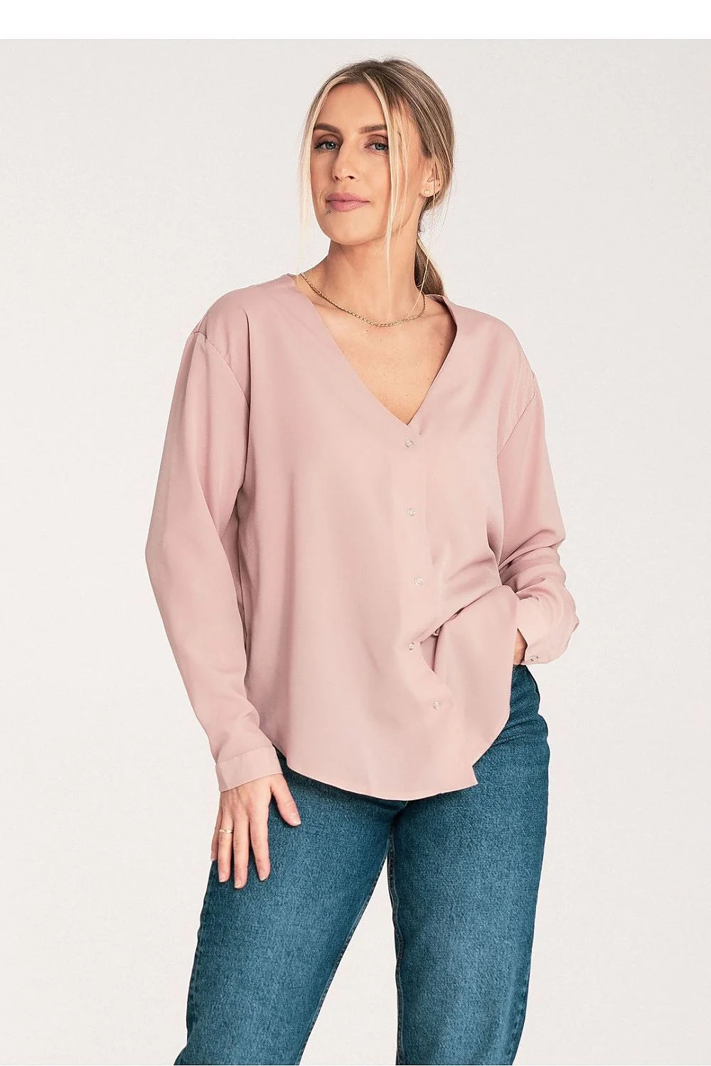 Blouse femme design épuré manches longues col V pastel rose polyester elasthanne fit ample silhouette élégante