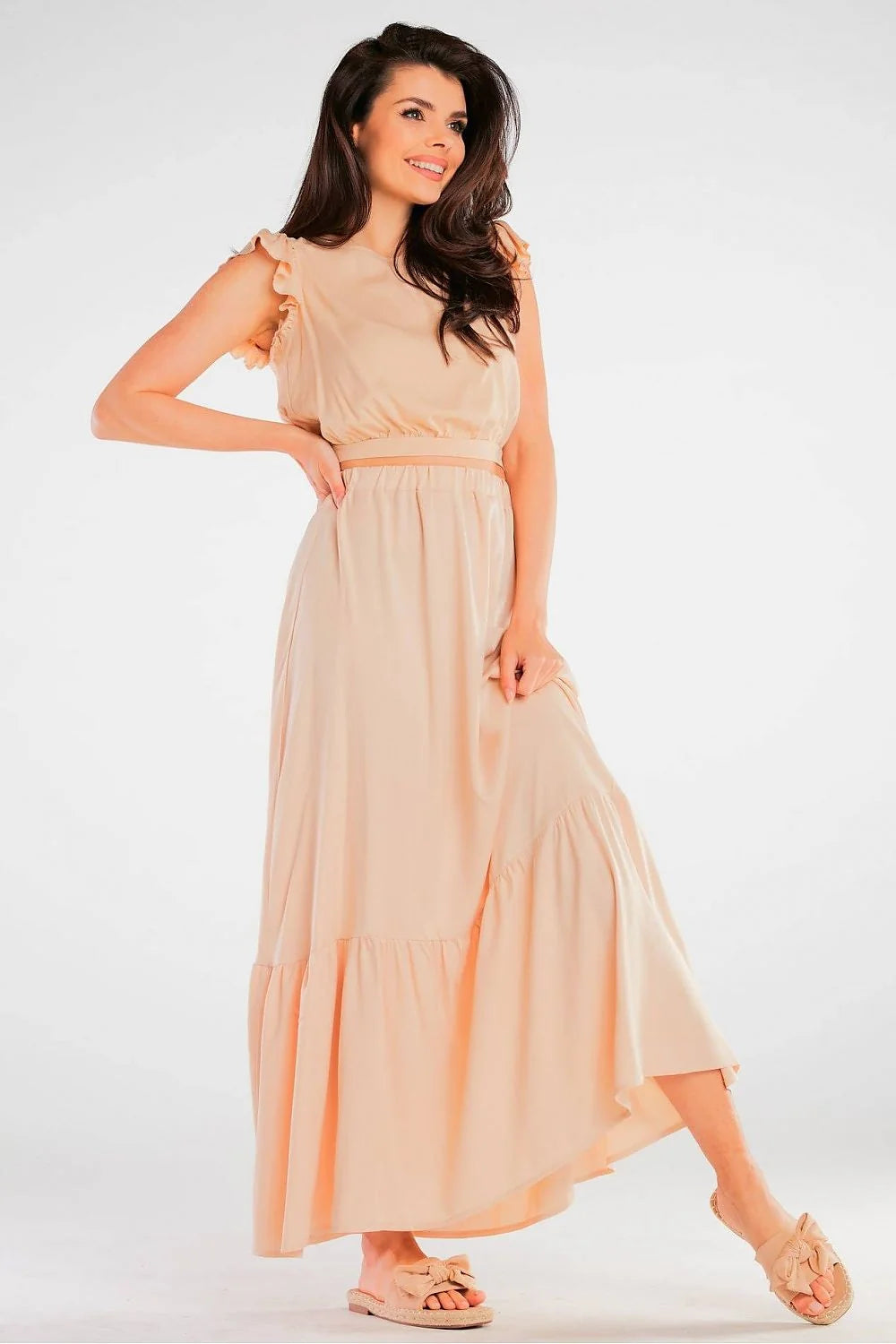 Robe longue élégante rouge viscosé femmes volants manches courtes taille élastiquée dos nu style été
