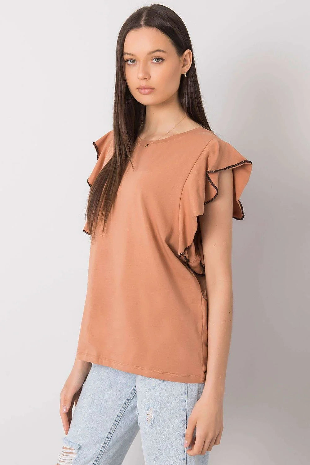 chemisier fancy élégant manches volants coton stretch confortable respirant coupe ample fluide col rond finition noire contrastée polyvalent féminin