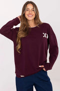 sweatshirt femme oversize coupe ample manches longues col rond bordeaux liseré blanc oeillets lacet plaque metallique melange coton polyester molleton