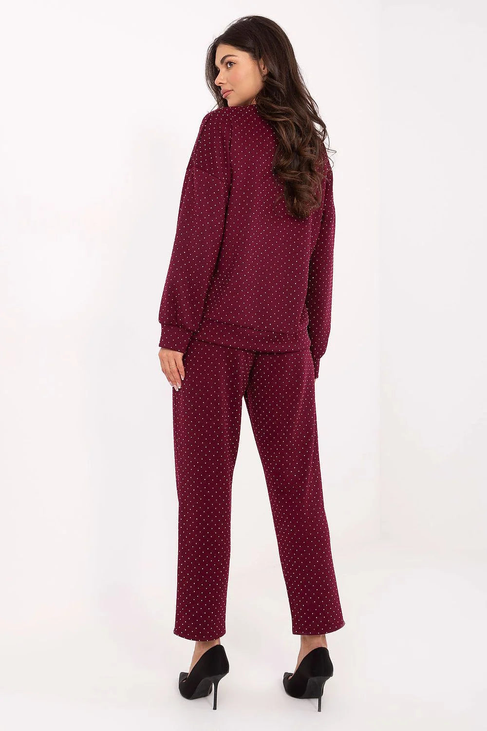 ensemble survêtement femme bordeaux pois blancs sweatshirt oversize pantalon droit taille haute ceinture nouer strass viscose polyester stretch maille douce