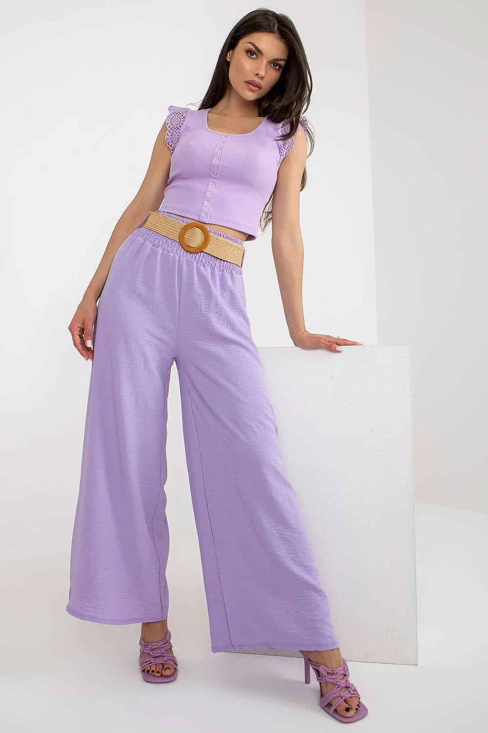 Ensemble femme robe courte et pantalon large en tissu doux couleur lilas style bohème chic