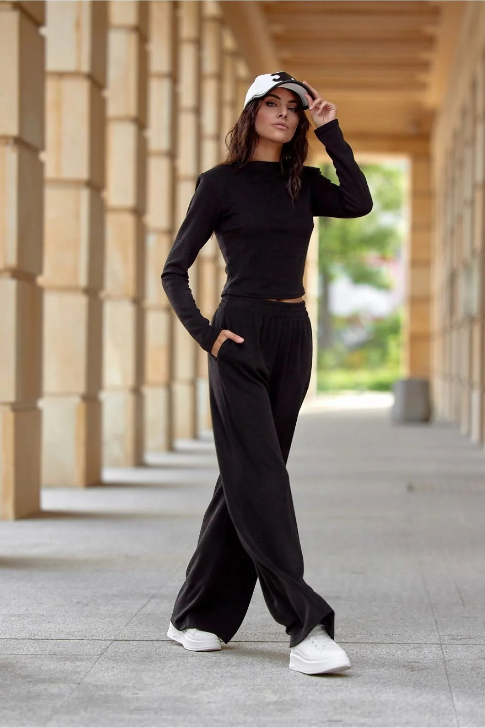 Tenue Casual Chic Femme Haut Manches Longues Pantalon Large Noir