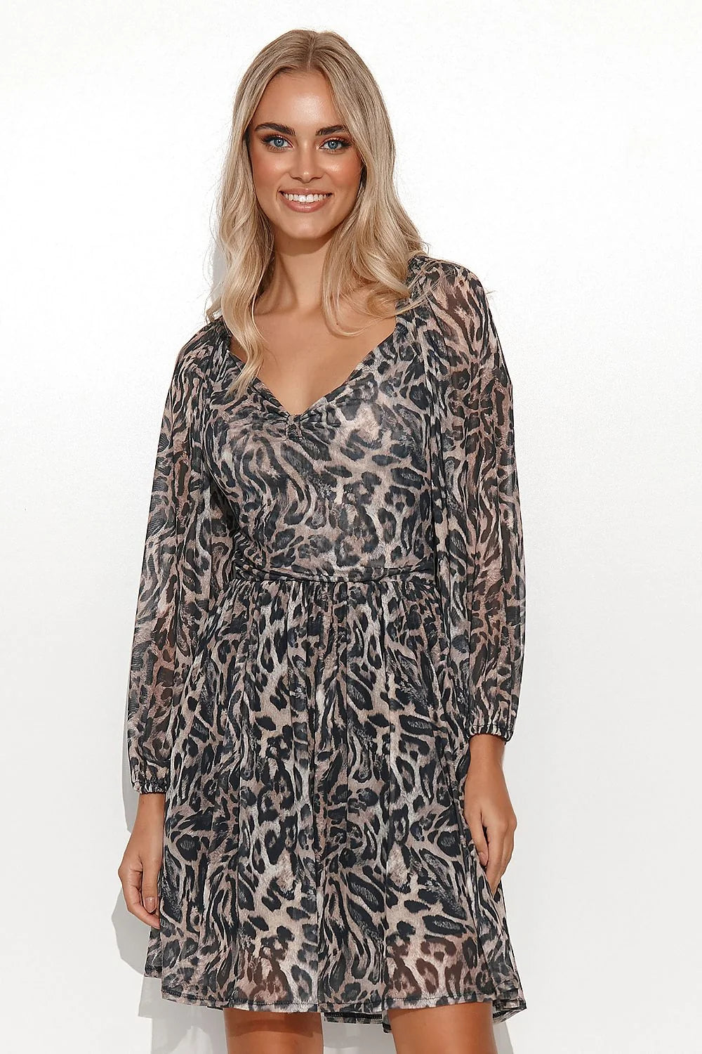 Robe de jour Makadamia élégante coupe girly manches longues bouffantes encolure haute tissu doublé imprimé animal beige noir marron femme