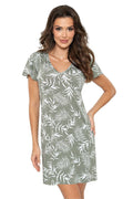 Robe féminine décontractée motif feuilles blanc kaki coupe droite genou court manches courtes V-neck