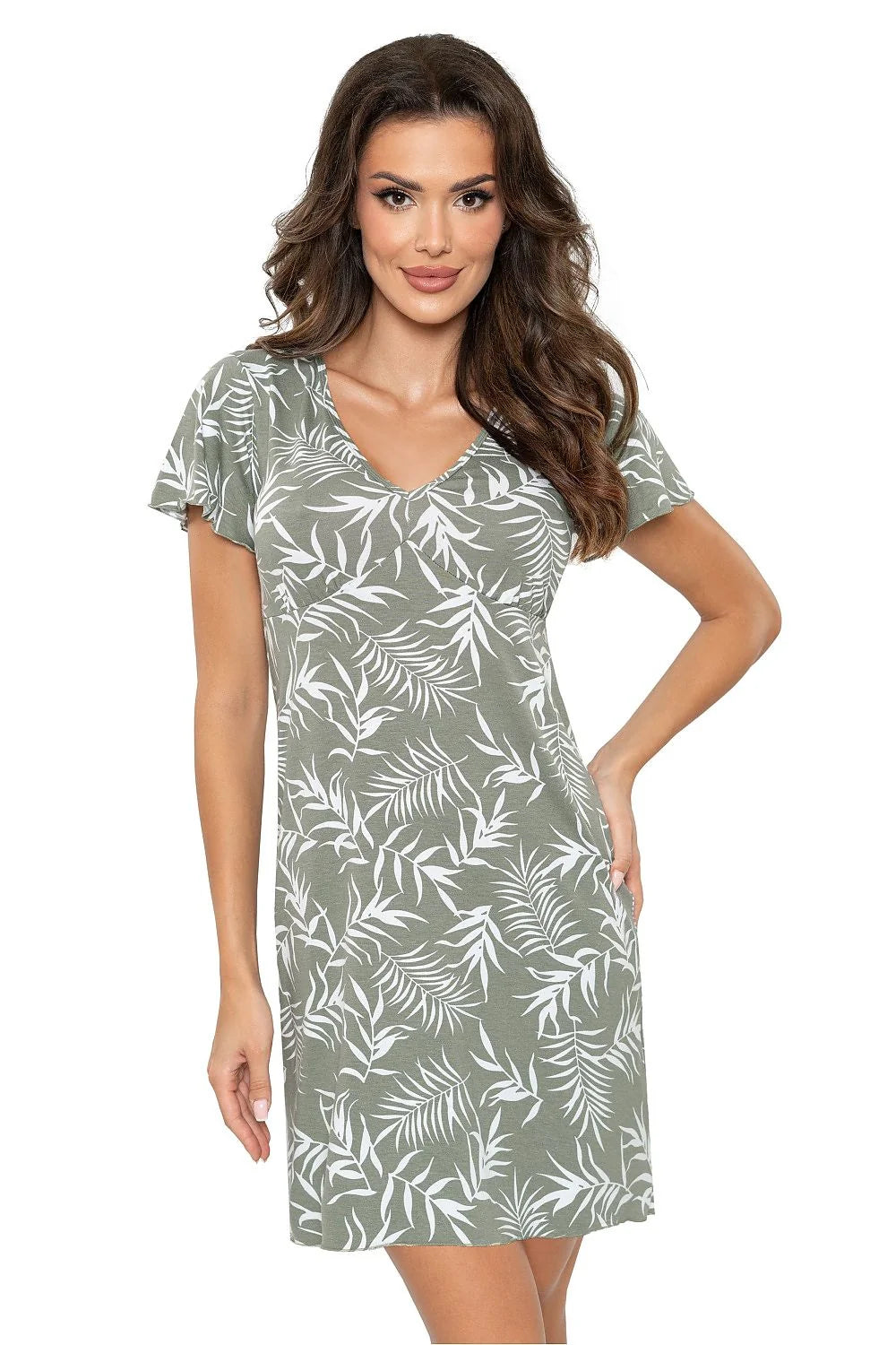 Robe féminine décontractée motif feuilles blanc kaki coupe droite genou court manches courtes V-neck