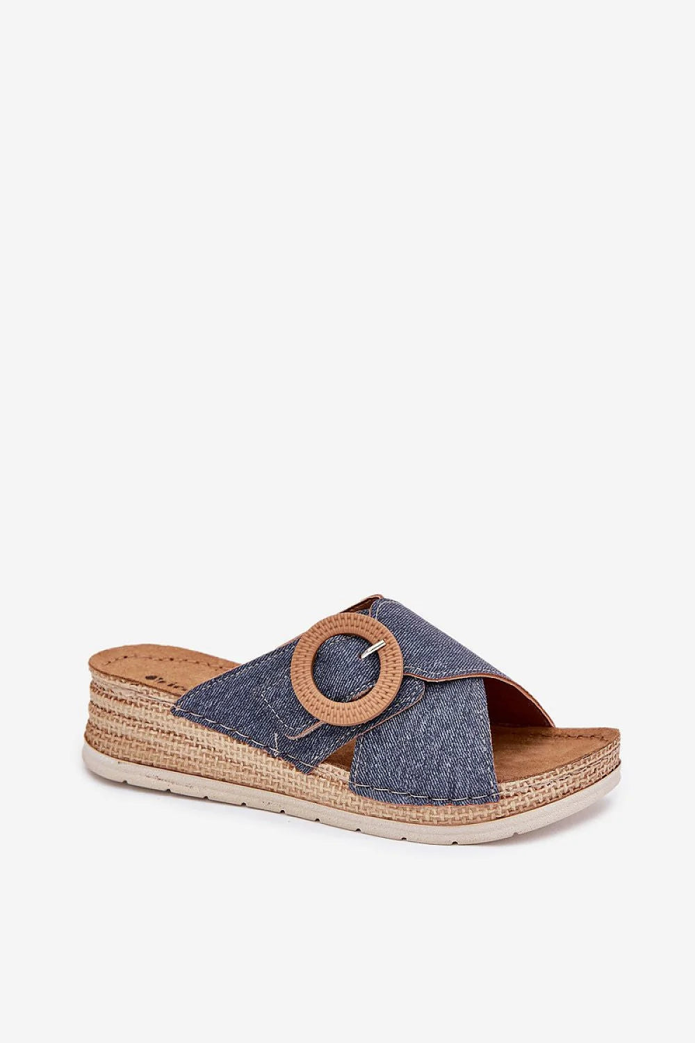 Sandales femmes style été ouvertes compensées tissu denim bleu semelle corde bois bouton style espadrille Inblu