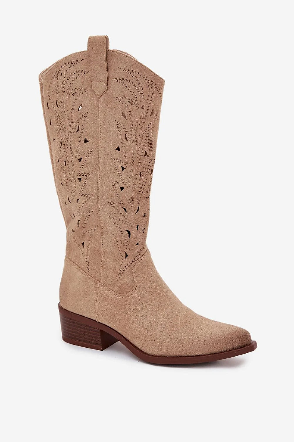 bottes femme suédine écologique daim beige tige mi mollet ajourées surpiqûres bouts pointus talon bloc bois fermeture éclair