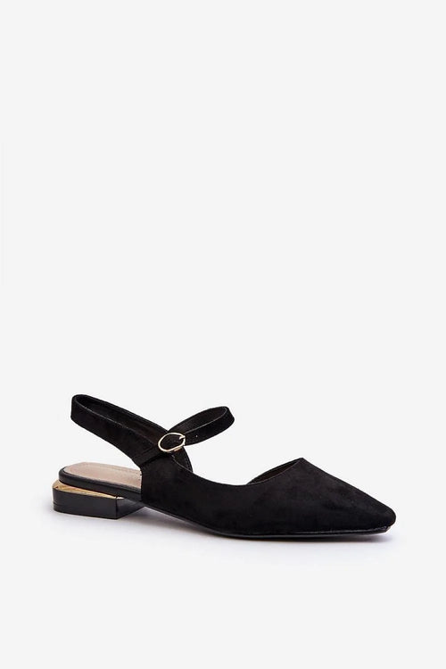 ballerines bride cheville réglable daim suédé écofriendly noir bout pointu talon bas carré insert métallique doré semelle rembourrée élégant femme