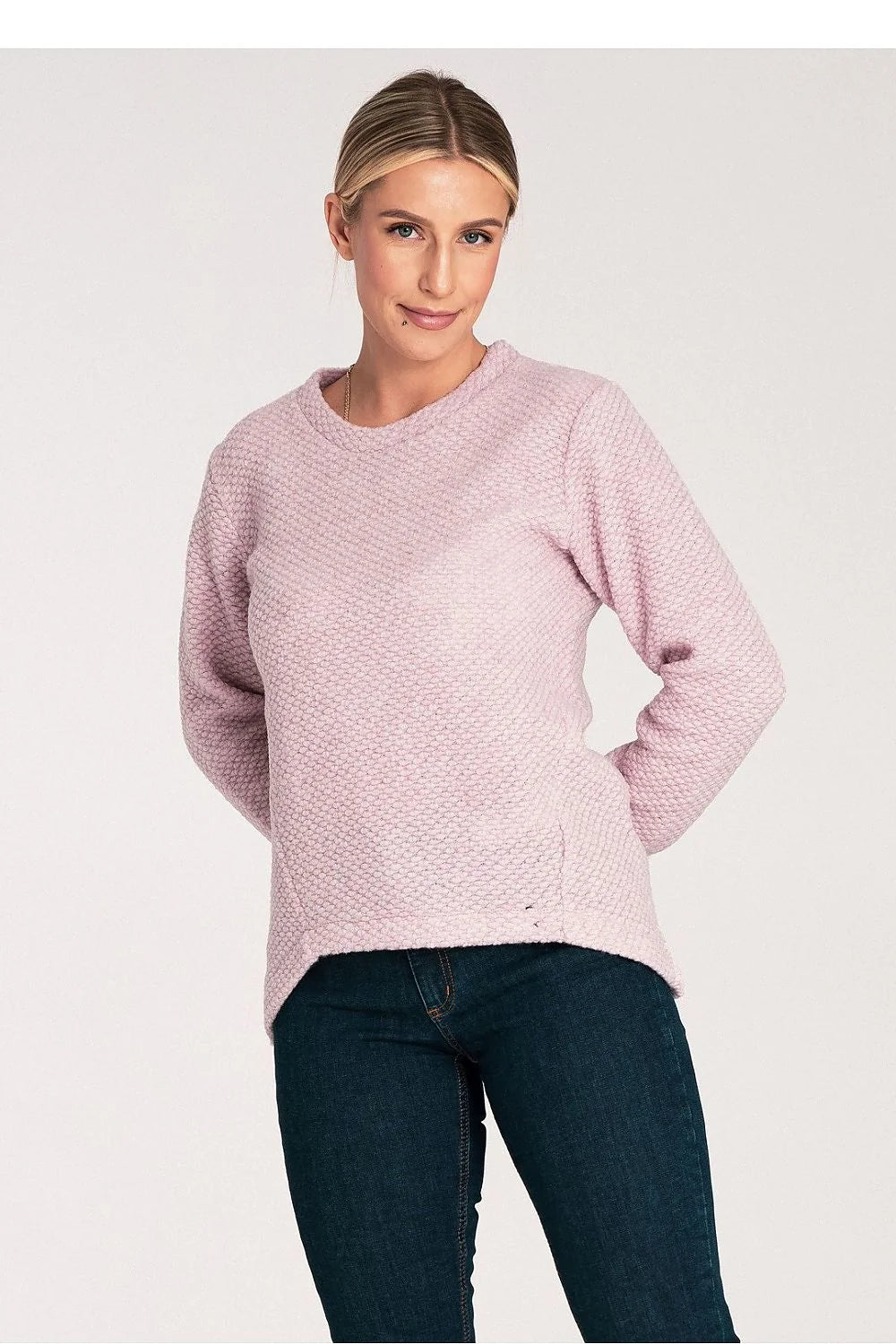 Pull asymétrique pour femme style moderne manches longues encolure ronde texture gaufrée couleur rose pâle