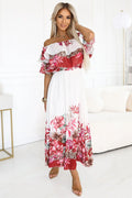 Robe de jour bohème-chic sans manches épaules dégagées volants multiples imprimé floral estivale robe longue femmes